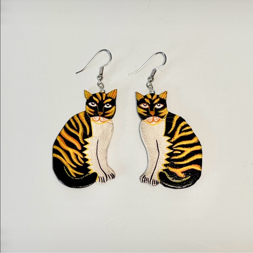 Hand-Painted Tiger Cat Dangle Earrings in Black and Gold